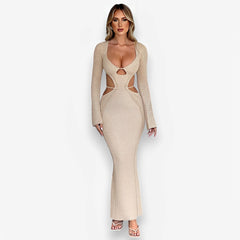 Long-sleeved hollow strap backless dress