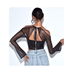 Black mesh backless halter neck top