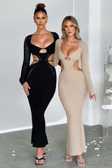 Long-sleeved hollow strap backless dress