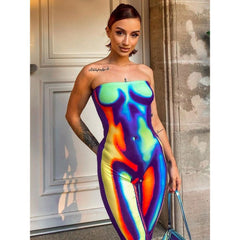 Multi-color printed slim fit butt lift jumpsuit