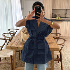 Button V Neck Belted Sleeveless Vest