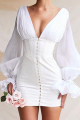 Lantern sleeves deep V waist white slim dress