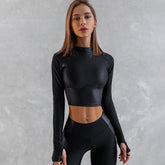 Long-sleeved splicing short PU leather top