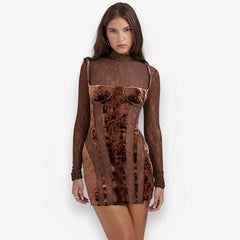 High-neck lace long-sleeved slim dress