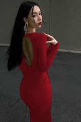 Long-sleeved pleated hollow backless dress