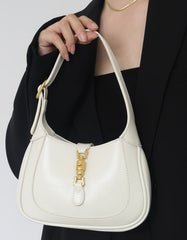 White Classic Curved Leather Handbag with Signature Buckle Closure