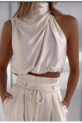 casual sleeveless turtleneck crop top wide leg pants suit