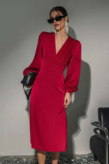 Lantern Sleeve Red Mid-Length Dress