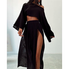 Linen Blended Cropped Top High Waist Slit Two-piece Suit