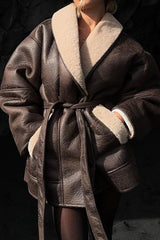 Cashmere Leather Fur Collar Composite Belt Coat