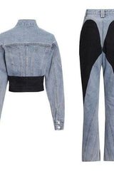 Two-piece set black and white stitching denim jacket + Pants