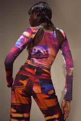 American print navel-cut long-sleeved T-shirt