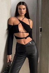 Hollow one-shoulder long-sleeved top