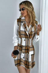 Double-breasted sleeveless slim-fit cardigan plaid dress