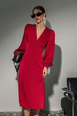 Lantern Sleeve Red Mid-Length Dress