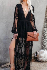 V-Neck Embroidery Lace Long Dress