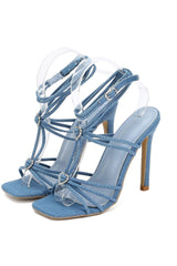 Square Toe Diamond Buckle Thin One-Strap Sandals Heels