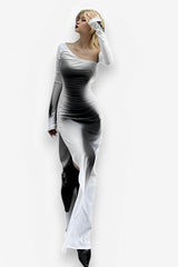 Street Style printed long-sleeved slit dress