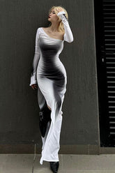 Street Style printed long-sleeved slit dress