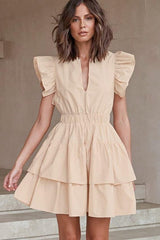 Hollow cake skirt U-neck lotus leaf sleeves cotton dress