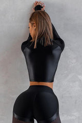 Long-sleeved splicing short PU leather top
