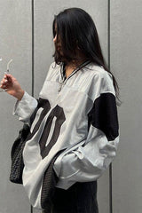 V-neck Mesh Splicing Long-sleeved T-shirt