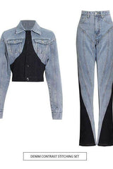 Two-piece set black and white stitching denim jacket + Pants