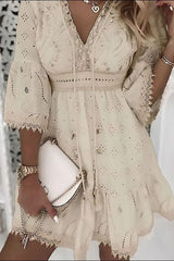 V-Neck Hollow Tassel Embroidered Dress