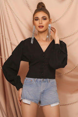 V-neck button puff sleeve slim long-sleeved T-shirt