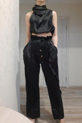 casual sleeveless turtleneck crop top wide leg pants suit