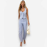 Striped printed V-neck sleeveless suit