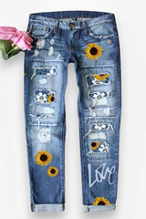 Spot Hole Mid-Waist Straight Jeans