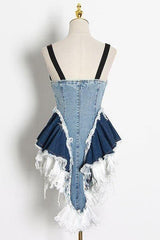 lotus leaf stitching slim blue denim dress