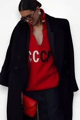 CCCP Letter Embroidery Stand Collar Hollow Knit Sweater