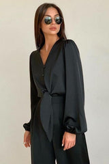 Two-piece casual suit V neck and high waist trousers