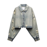 Autumn Collared Worn Looking Washed out Perforated Hole Decoration Denim Short Jacket