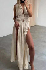 Braided Belt Hollow Slit Long dress