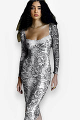 snake print collar long-sleeved sexy slim dress