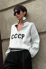 CCCP Letter Embroidery Stand Collar Hollow Knit Sweater