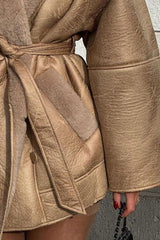 Cashmere Leather Fur Collar Composite Belt Coat