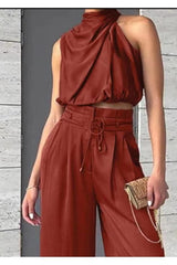 casual sleeveless turtleneck crop top wide leg pants suit