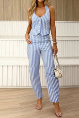 Striped printed V-neck sleeveless suit