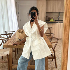 Button V Neck Belted Sleeveless Vest