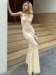 U-Neck Mesh Three-Dimensional Rose Halter Neck Dress