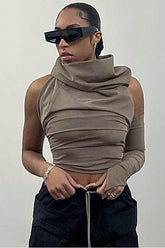 Cropped backless single-sleeve hooded slim top