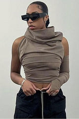 Cropped backless single-sleeve hooded slim top