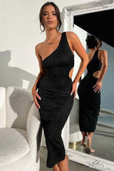 Striped slim slanted shoulder dress