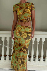 Japanese Flower Print Mesh Skirt Suit