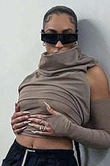 Cropped backless single-sleeve hooded slim top