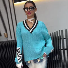 knitted V-neck letter sweater